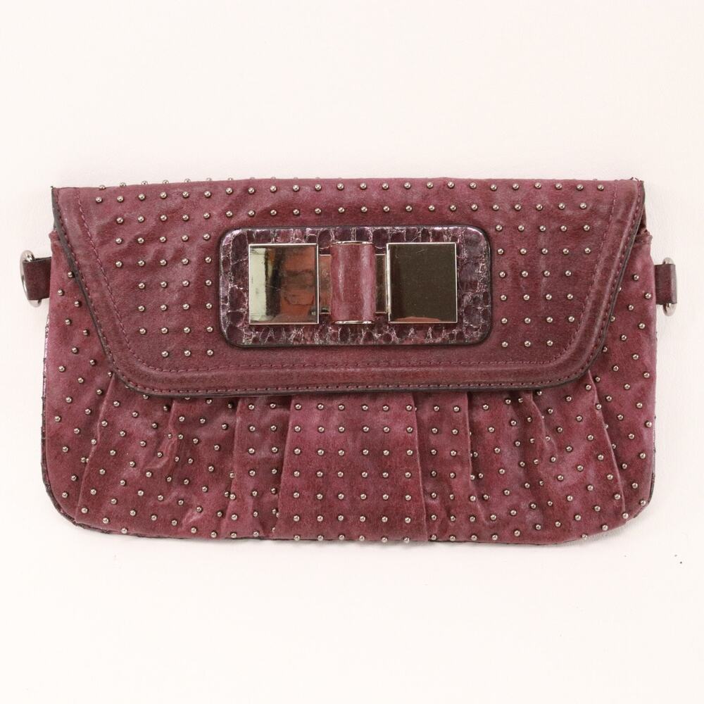 Guess Clutch Handbag Women Small Sangria Red Pewter Studded Purse Pouch Bag